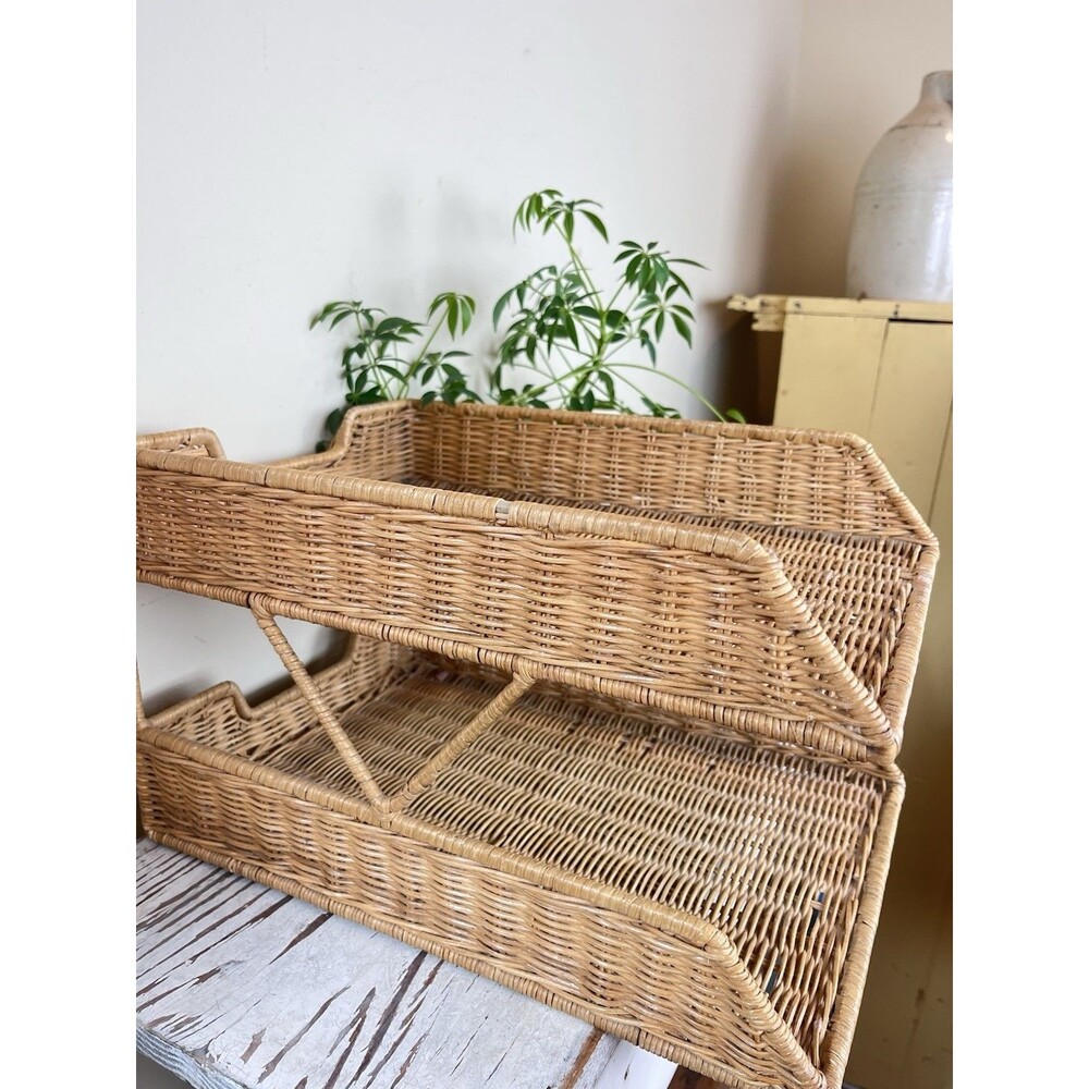 Vintage 2 Tier Natural Rattan Wicker Paper Letter Tray Office Desk Organizer 15”